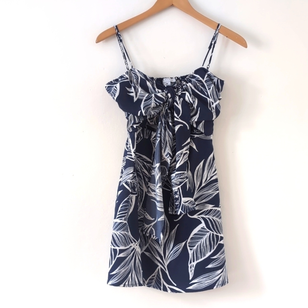 Favlux Cotton Navy White Tropical Leaf Print Cropped Mini Sun Dress Sz Medium